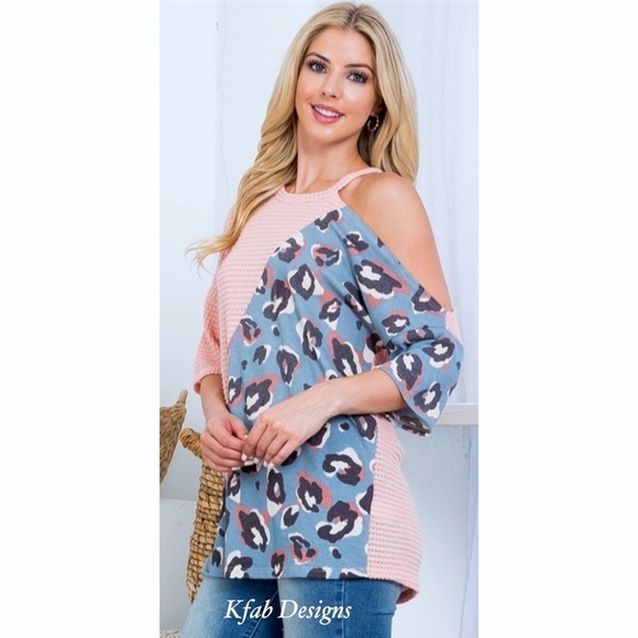 LAST 2! Color Block One Strap Shoulder Leopard Waffle Knit Top! - Picture 4 of 7